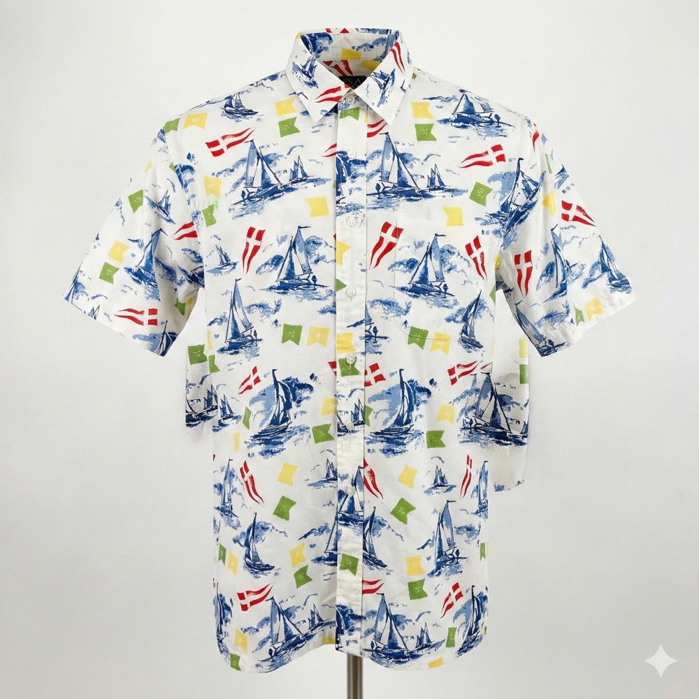Vintage Jos A Bank Shirt Medium Nautical Sailboat Signal Flag Print Camp Dadcore